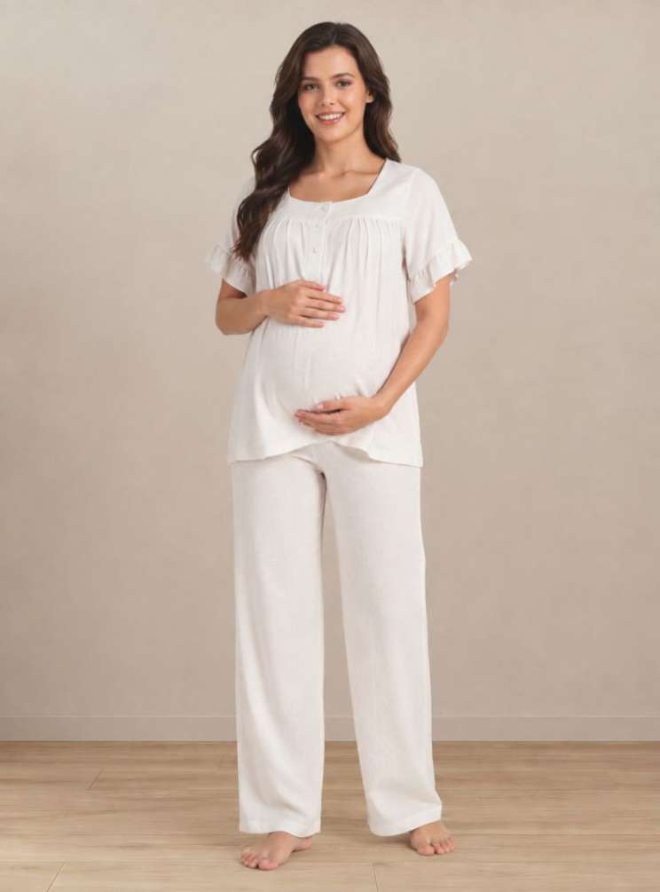 Açık Bej Müslin Kumaş Yumuşak Hamile Lohusa Pijama Takımı