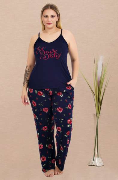 Lacivert Büyük Beden Askılı Çiçek Desenli Pijama Takımı