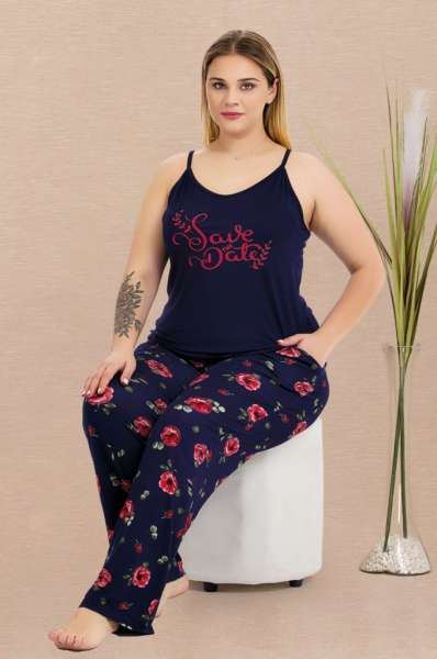 Lacivert Büyük Beden Askılı Çiçek Desenli Pijama Takımı