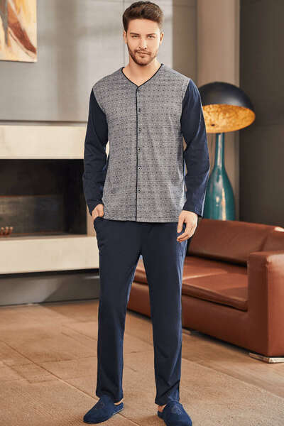 Lacivert Büyük Beden Jakarlı Erkek Pijama Takım