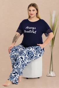 Lady - Lacivert Büyük Beden Kısa Kollu Desenli Pijama Takımı (1)