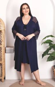 Lady - Lacivert Büyük Beden Sabahlıklı Gecelik Takımı