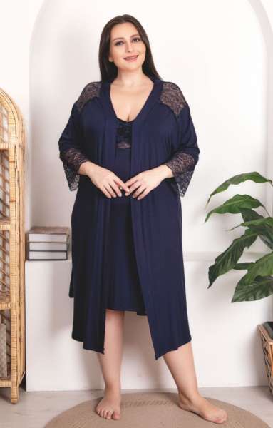 Lacivert Büyük Beden Sabahlıklı Gecelik Takımı