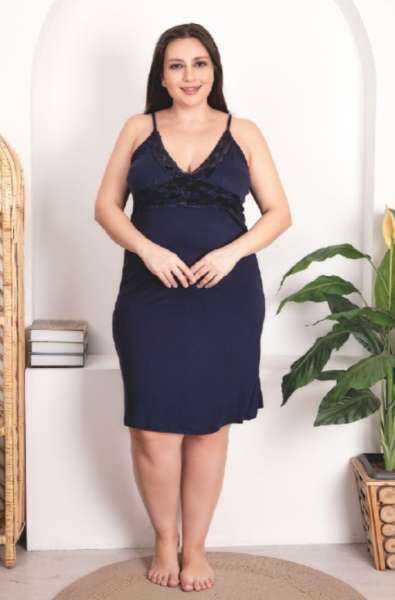 Lacivert Büyük Beden Sabahlıklı Gecelik Takımı