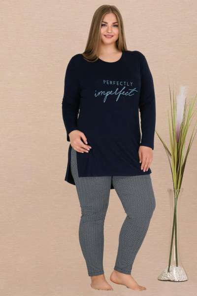 Lacivert Büyük Beden Tunik Tayt Pijama Takımı
