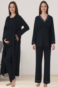 Effortt - Lacivert Dantel Detaylı Sabahlıklı Hamile Lohusa Pijama Takımı