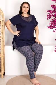 Lady - Lacivert Dantel Yaka Kısa Kollu Büyük Beden Pijama Takımı (1)