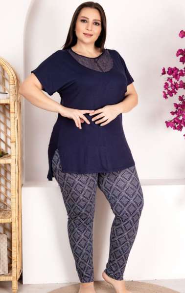 Lacivert Dantel Yaka Kısa Kollu Büyük Beden Pijama Takımı