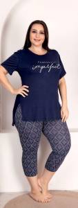 Lady - Lacivert Desenli Kadın Lady Büyük Beden Taytlı Kapri Pijama Takımı (1)