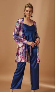 Nurteks - Lacivert Desenli Saten Sabahlıklı Pijama Takımı