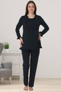 Effortt - Lacivert Gizli Emzirme Özellikli Hamile Lohusa Pijama Takımı