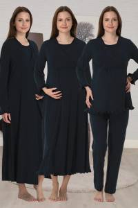 Effortt - Lacivert Gizli Emzirme Özellikli Sabahlıklı Gecelik Pijama Takımı 4 Lü Set