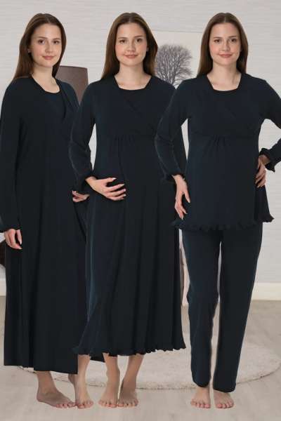 Effortt - Lacivert Gizli Emzirme Özellikli Sabahlıklı Gecelik Pijama Takımı 4 Lü Set