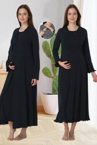 Effortt - Lacivert Gizli Emzirme Özellikli Sabahlıklı Gecelik Takımı