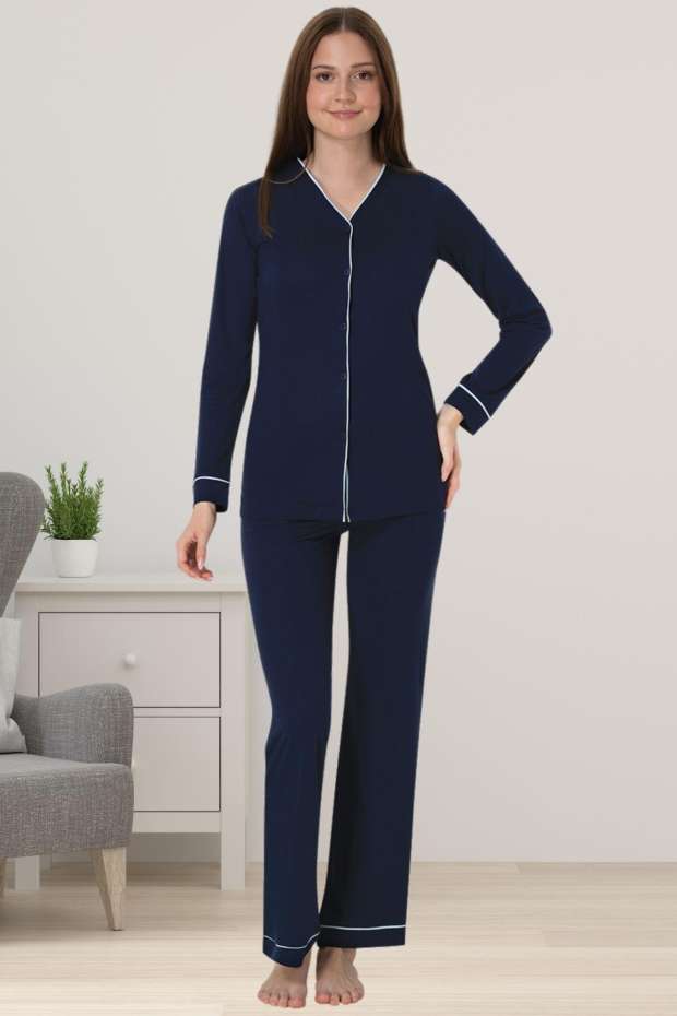 Lacivert Hamile Lohusa Önden Düğmeli Pijama Takımı