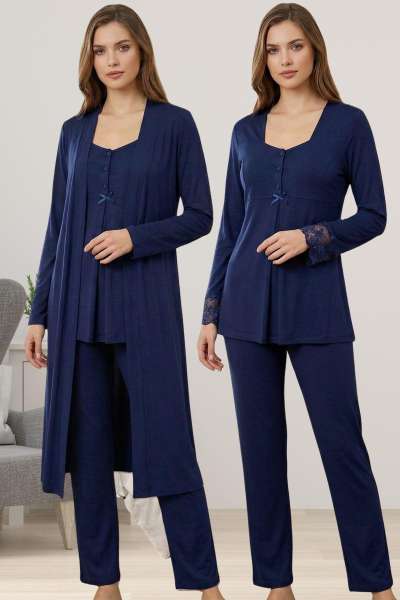 Lacivert Hamile Lohusa Sabahlıklı Pijama Takımı