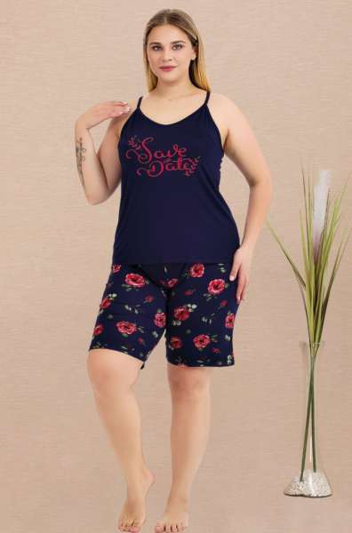 Lacivert İnce Askılı Büyük Beden Desenli Şort Takımı