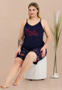 Lady - Lacivert İnce Askılı Büyük Beden Desenli Şort Takımı (1)