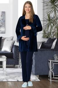 Lacivert Kadife Sabahlıklı Hamile Pijama Takımı - Thumbnail