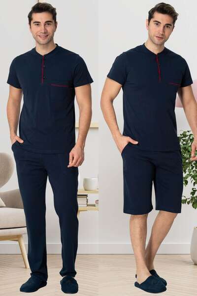 Lacivert Kısa Kollu Erkek Pijama Şort 3lü Takımı