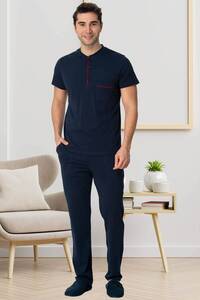 Lacivert Kısa Kollu Erkek Pijama Şort 3lü Takımı - Thumbnail