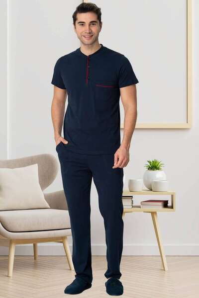 Lacivert Kısa Kollu Erkek Pijama Şort 3lü Takımı