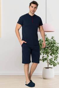 Lacivert Kısa Kollu Erkek Pijama Şort 3lü Takımı - Thumbnail