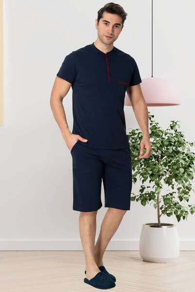 Lacivert Kısa Kollu Erkek Pijama Şort 3lü Takımı
