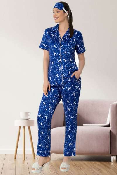 Lacivert Önden Düğmeli Saten Pijama Takımı