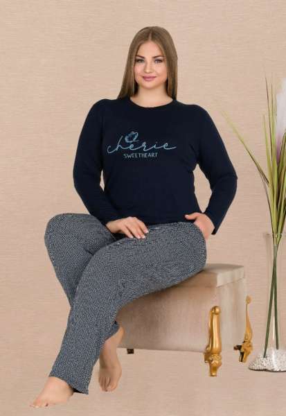 Lacivert Pamuklu Coton Büyük Beden Bisiklet Yaka Pijama Takımı