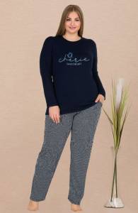 Lacivert Pamuklu Coton Büyük Beden Bisiklet Yaka Pijama Takımı - Thumbnail