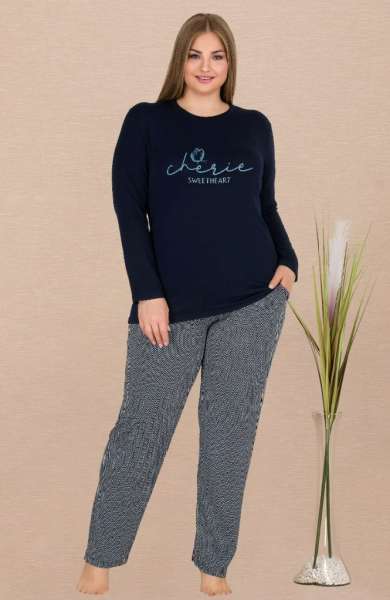 Lacivert Pamuklu Coton Büyük Beden Bisiklet Yaka Pijama Takımı