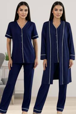 Effortt - Lacivert Rahat Kesim Sabahlıklı Hamile Lohusa Pijama Takımı