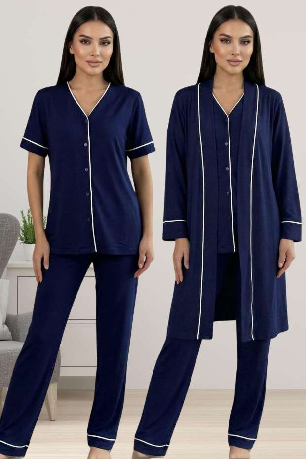 Lacivert Rahat Kesim Sabahlıklı Hamile Lohusa Pijama Takımı