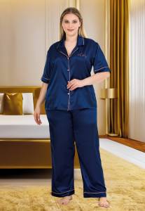 Lady - Lacivert Saten Büyük Beden Kısa Kollu Pijama Takımı
