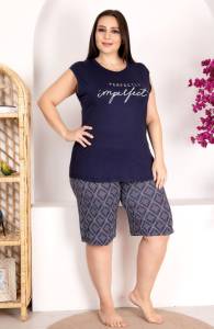 Lacivert Sıfır Kol Büyük Beden Desenli Şort Takım - Thumbnail