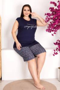 Lacivert Sıfır Kol Büyük Beden Desenli Şort Takım - Thumbnail