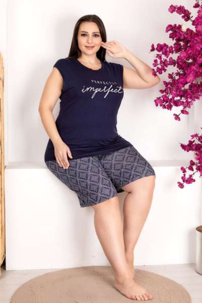 Lacivert Sıfır Kol Büyük Beden Desenli Şort Takım