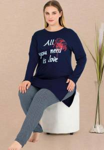 Lady - Lacivert Uzun Kollu Büyük Beden Tunik Tayt Pijama Takımı