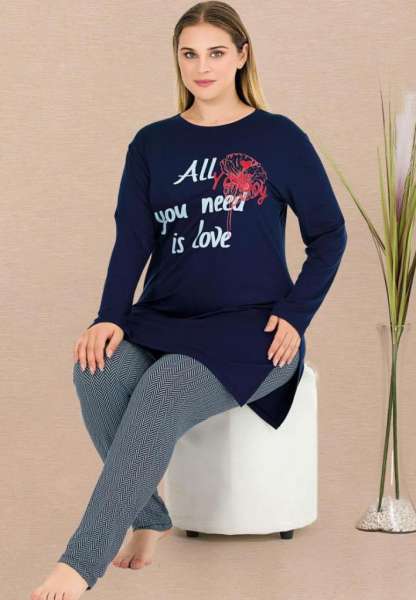 Lacivert Uzun Kollu Büyük Beden Tunik Tayt Pijama Takımı