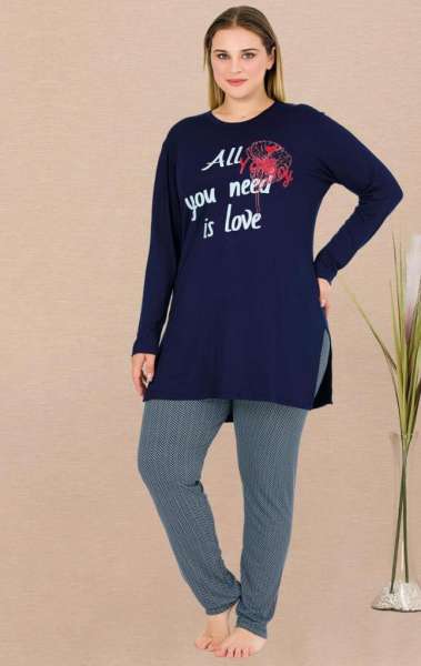 Lacivert Uzun Kollu Büyük Beden Tunik Tayt Pijama Takımı
