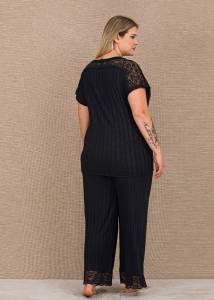 Lady - Siyah Dantelli Kısa Kollu Bol Paça Büyük Beden Kadın Pijama Takımı (1)
