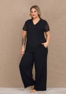 Siyah Dantelli Kısa Kollu V Yaka Bol Paça Büyük Beden Kadın Pijama Takımı - Thumbnail