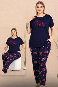Lady - Lacivert Çiçekli Kısa Kollu Büyük Beden Pijama Takımı