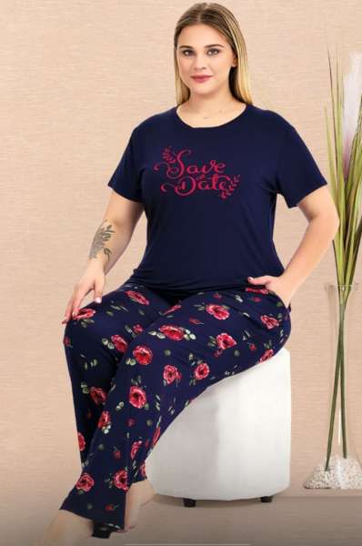 Lacivert Çiçekli Kısa Kollu Büyük Beden Pijama Takımı