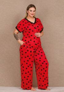 Lady - Kırmızı Kısa Kollu Dantelli Önden Düğmeli Büyük Beden Pijama Takımı