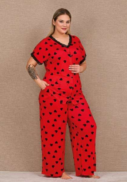 Lady - Kırmızı Kısa Kollu Dantelli Önden Düğmeli Büyük Beden Pijama Takımı