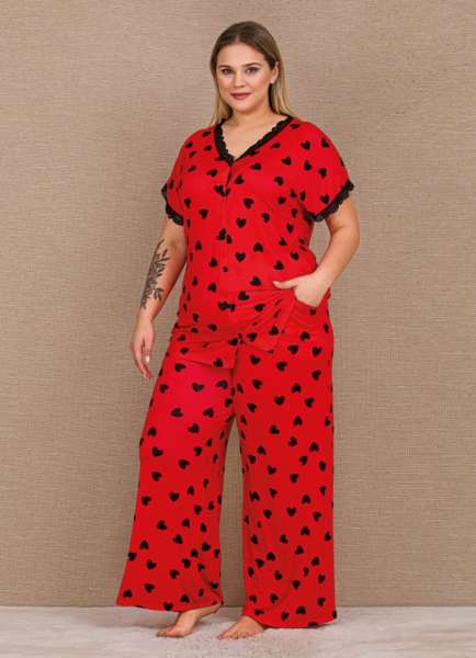 Lady - Kırmızı Kısa Kollu Dantelli Önden Düğmeli Büyük Beden Pijama Takımı (1)