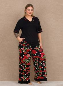 Lady - Siyah Kısa Kollu Bol Paça Büyük Beden Kadın Pijama Takımı