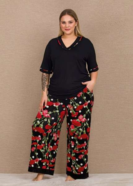 Lady - Siyah Kısa Kollu Bol Paça Büyük Beden Kadın Pijama Takımı (1)
